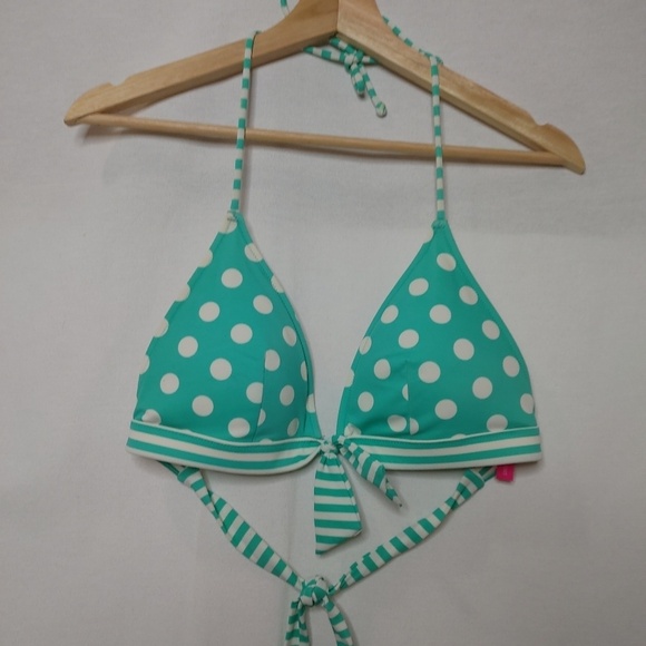 Victoria's Secret Bikini Halter Triangle Top Green White Polka Dot Stripe Medium - Picture 1 of 7